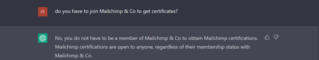 вопрос chatgpt про сертификаты Mailchimp