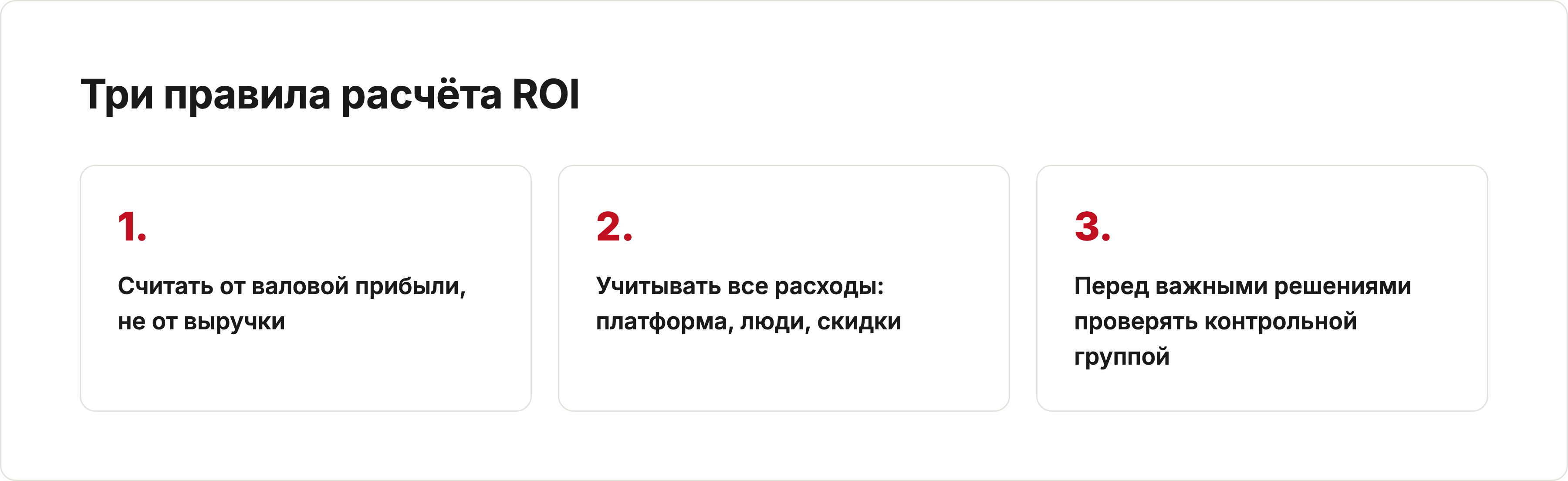 Три правила расчёта ROI: от валовой прибыли, все расходы, контрольная группа